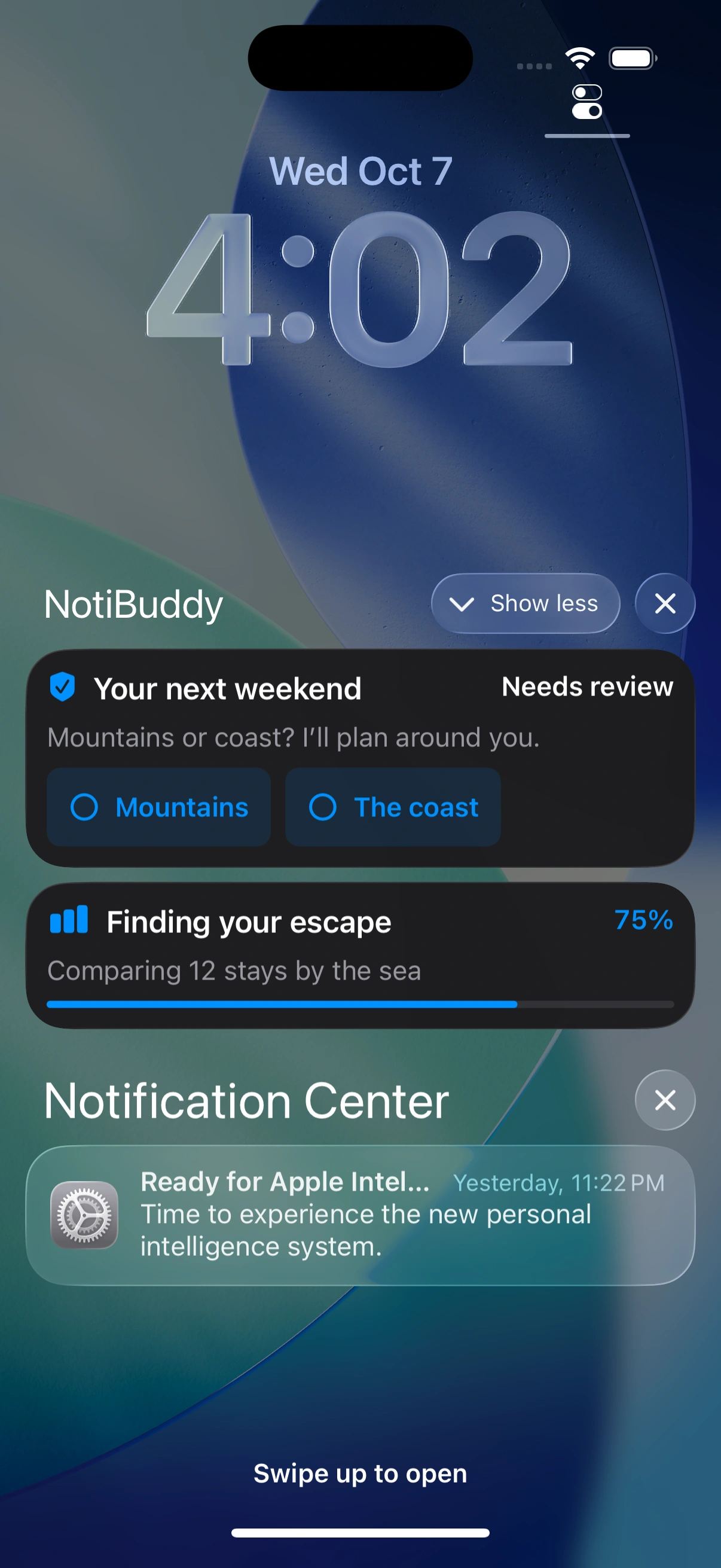 A real NotiBuddy Live Activity asks: Your next weekend. Mountains or coast? I’ll plan around you. The Mountains and The coast buttons are visible.
