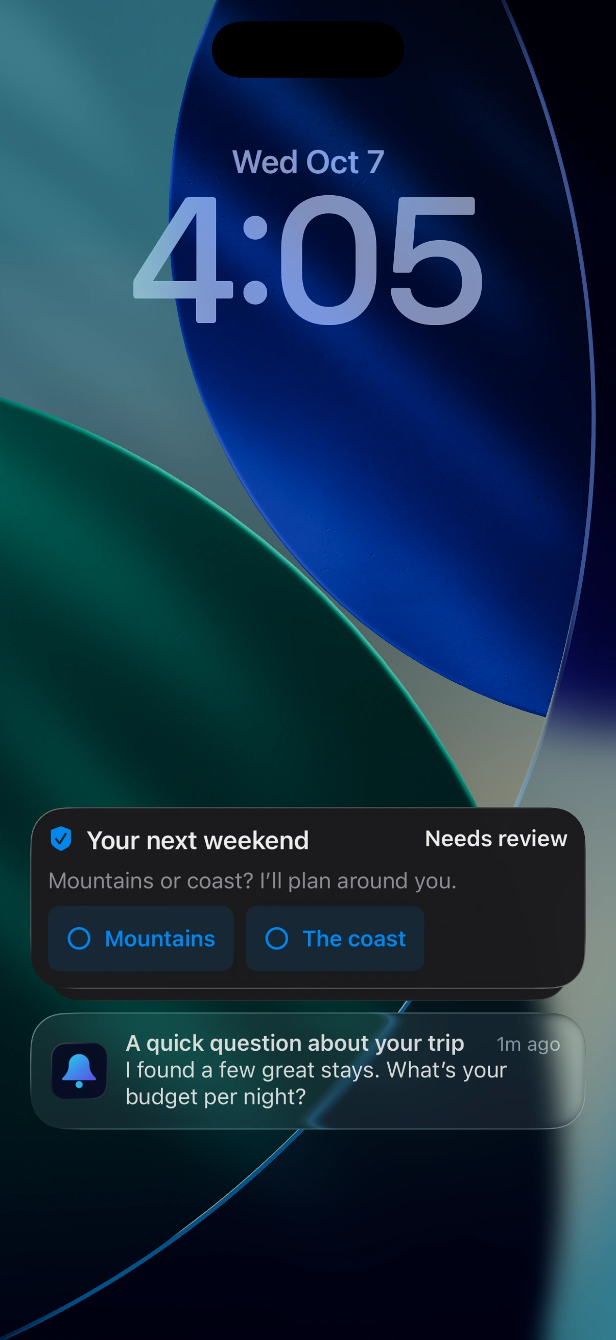 A real iPhone notification from NotiBuddy says: A quick question about your trip. I found a few great stays. What’s your budget per night?